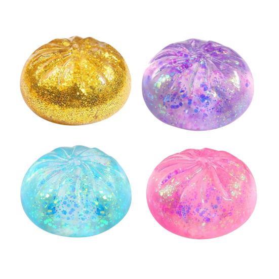 Yousheng 1/4Pcs Clear Glitter Dumpling Squeeze Toy, Soft Steamed Bun Stress Relief Toy, Hand Exercise Relaxation Tool for Kids Adults