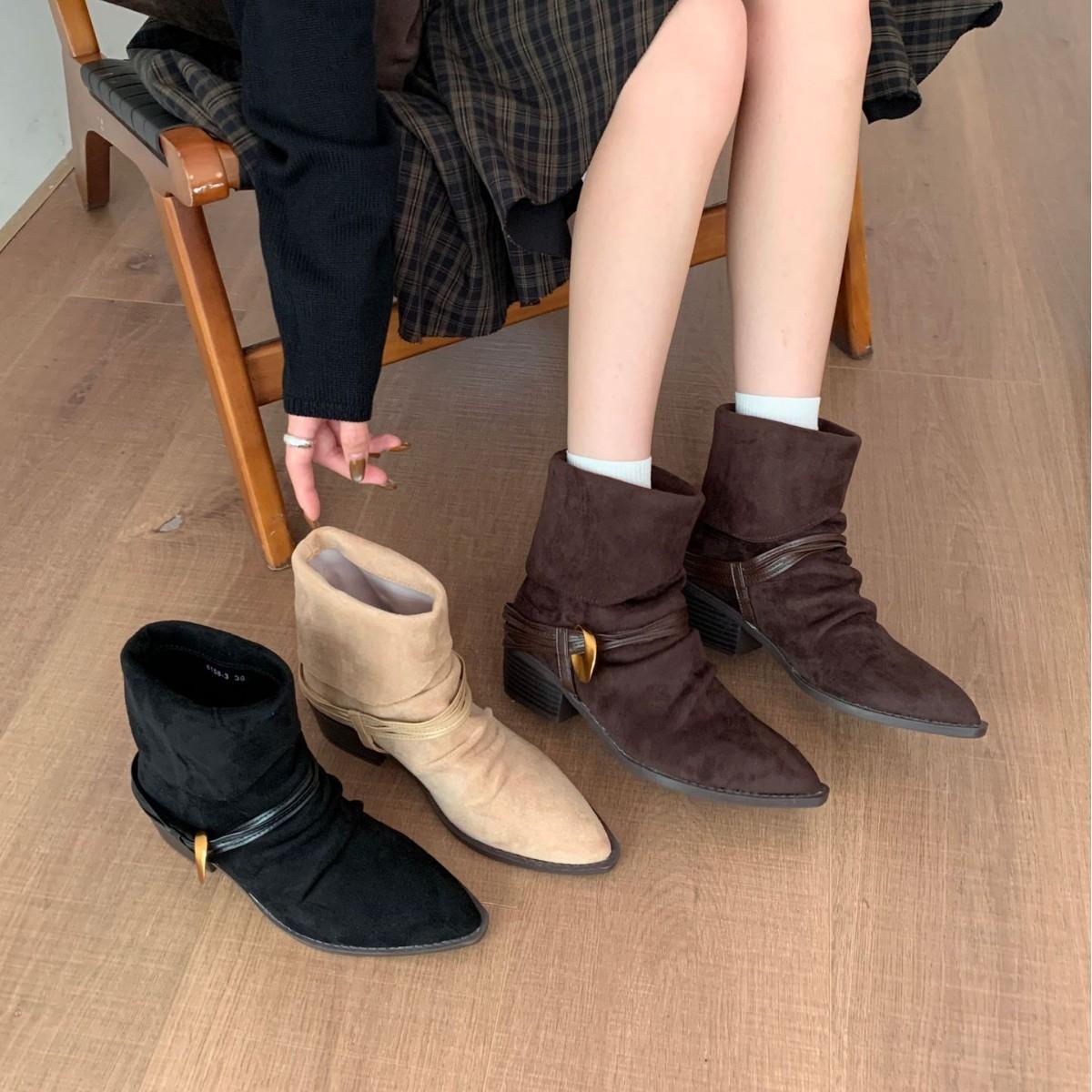 

2025 new pointed belt buckle tall tube thin suede fashion Martin Chelsea western women s boots 39 хаки