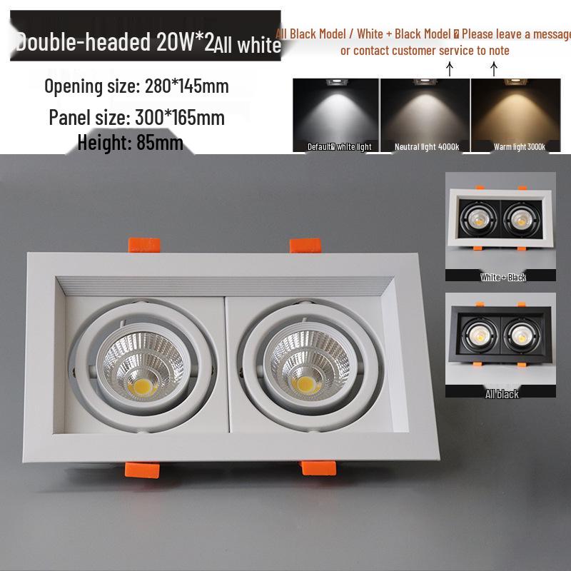 LED Double Head Spotlight: Embedded Grille, Single or Triple Head, Square Cylinder Design - Ideal for Living Room or Commercial Spaces.