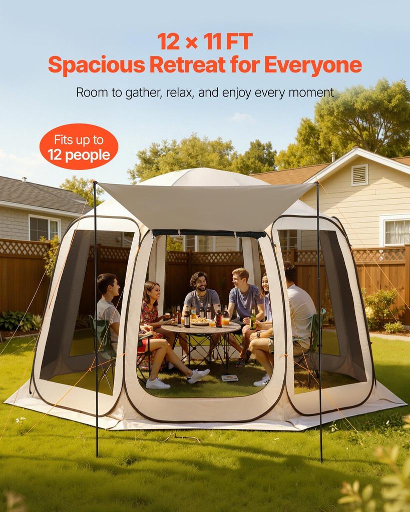 Screen House Tent, 3660 x 3380 x 2300 mm, 10-12 Person Pop Up Screen Tent with Extended Awning, Portable Screened in Canopy with Carry Bag, Netting