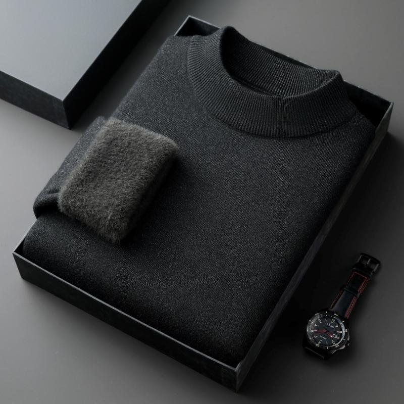 Autumn Winter Warm Mock Collar Sweaters for Men Solid Long-sleeve Fleece Knitted Sweaters Men Casual Thick Pullovers