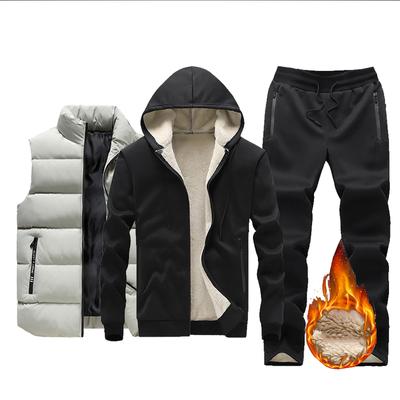 Giacca con cappuccio e piumino da uomo di grandi dimensioni, autunno e inverno, gilet caldo, pantaloni in cotone, abito casual da tre pezzi