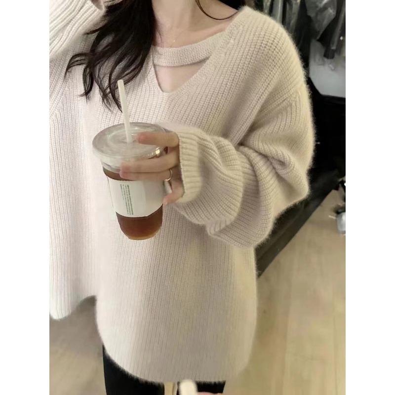 

Осенне-зимняя мода красный утолщенный дизайн чувство свободный ленивый ветер серый V-образный вырез полый рукав вязаный свитер женский average size абрикосовый