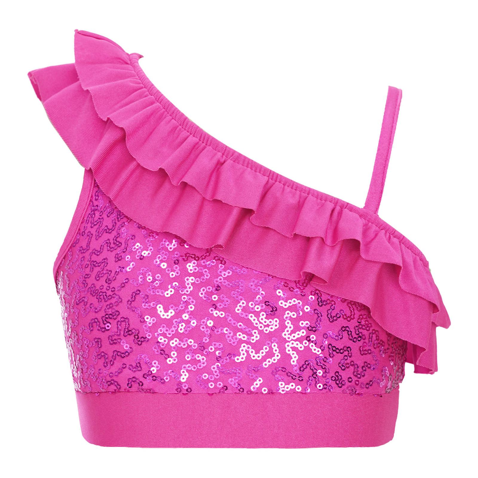 

Дівчачий топ з паєтками, з рюшами, на асиметричних бретелях, без рукавів, на гумці, укорочений для виступів 13-14 Years гарячі рожевого кольору