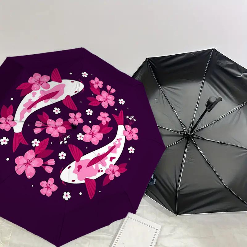 1pc Koi Fish Cherry Blossoms Automatic Folding Umbrella 8 Rib Iron Frame,  Suitable for Travel, Daily Use, Birthday, Women & Men Gift c1231024