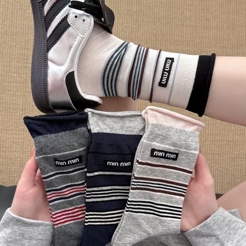 Women's Mid-Calf Striped Slouch Socks - Korean Style, Breathable Cotton for Spring & Autumn
