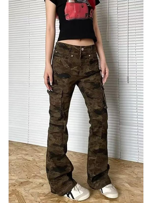 

High Street Women s Camouflage Multi-Pocket Cargo Jeans - Trendy Hip Hop Straight Leg Slim Fit Flare Pants M: 155-165cm (95-108 jin)