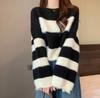 Striped Knit Sweater with Lantern Sleeves for Women Warm Sweater Fashionable Short Top