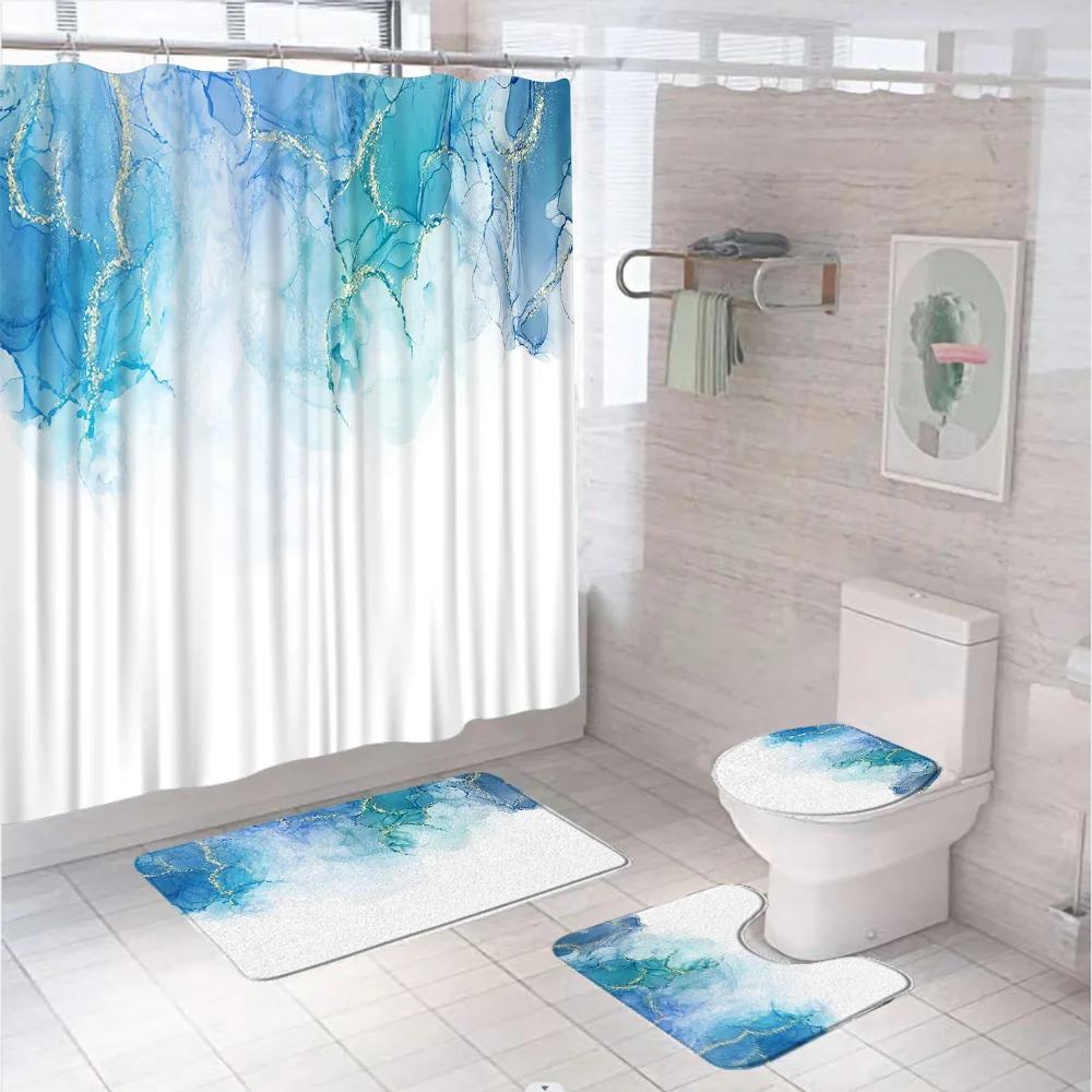 Marbling 3D Shower Curtains Luxury Marble Blue Golden Veins Bath Mats Set Pedestal Rug Toilet Cover Bathroom Curtain With Hooks