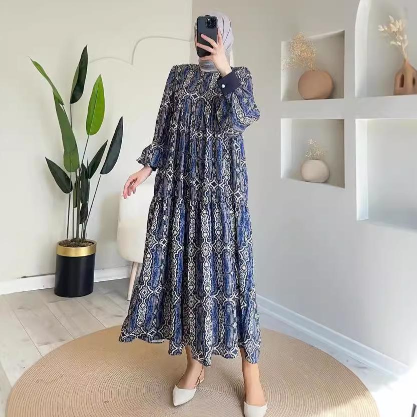 2024 Autumn European & American Women's Casual Print Crew Neck Loose Long Dress