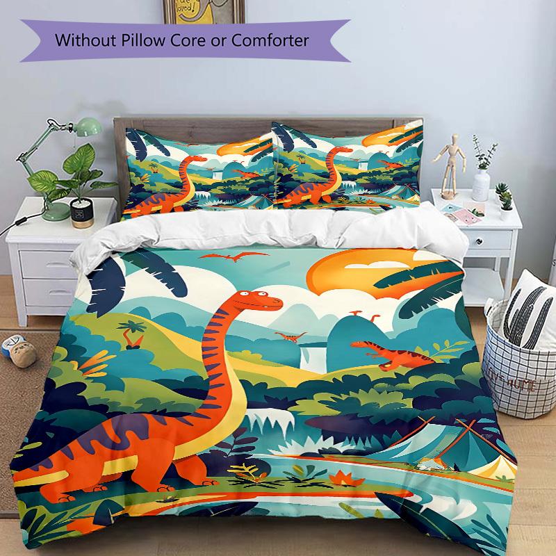3pcs Dino Adventure Bedding Set, Includes 1 Comforter + 2 Pillowcases, Without Pillow Inserts, Soft Comfortable, Lightweight Breathable, Pri