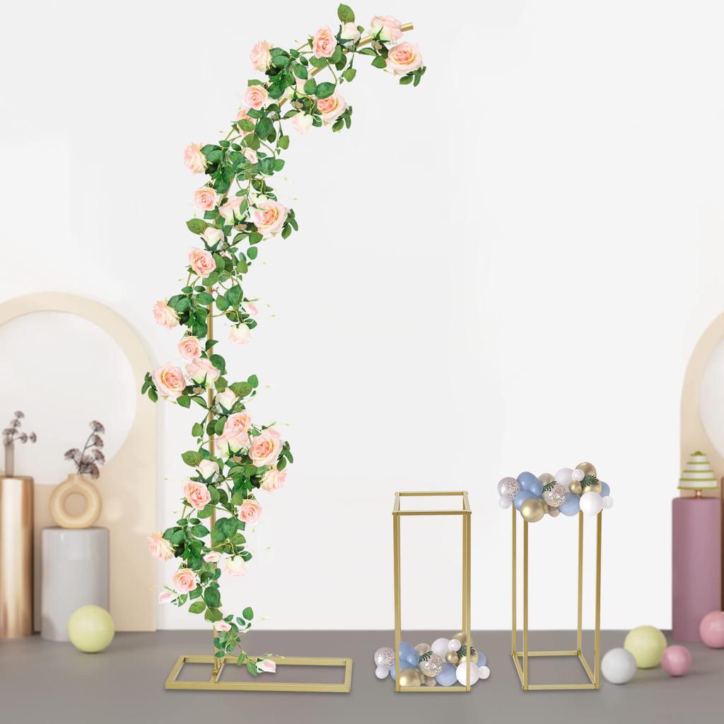3-Piece Golden Wedding Arch Set - 6.56Ft Metal Balloon Arch + 2 Flower Stands for Parties/Events