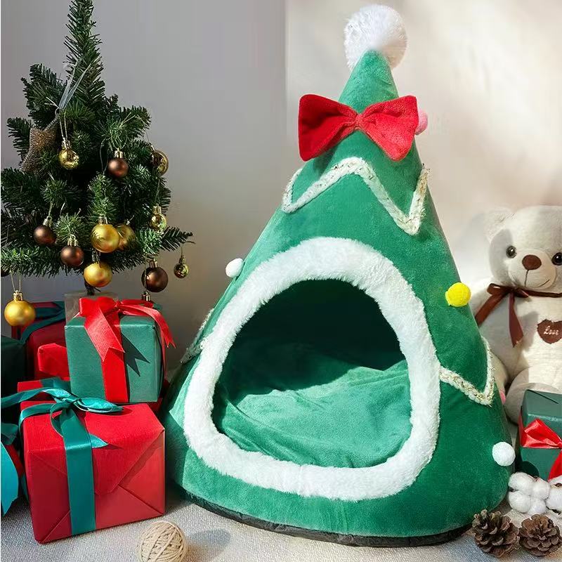 Christmas Tree Pet Bed Cozy Plush Cat Dog Bed Winter Soft Festive Gift Pet House Durable Holiday Decor for Small Medium Pets