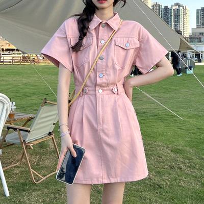 Women's  New Young Style Skinny Button Streetwear Fashion Casual Solid Simplicity Pockets Turn-down Collar Dresses