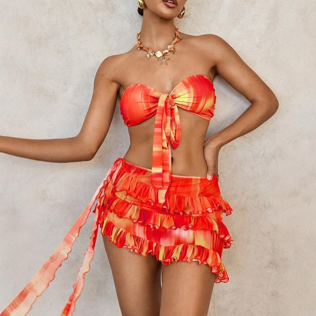 Sexy Printed Bikini Three-Piece Swimsuit European And American Lace-Up Pleated Skirt Bikini Hot Spring Swimsuit Women
