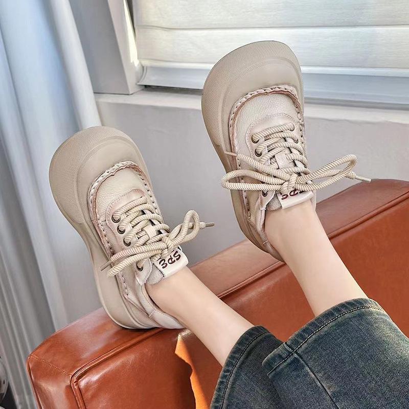 

Женские кожаные туфли на платформе в стиле ретро — повседневные туфли из натуральной коровьей кожи на толстой подошве на весну 2025 г. 38 бежевый