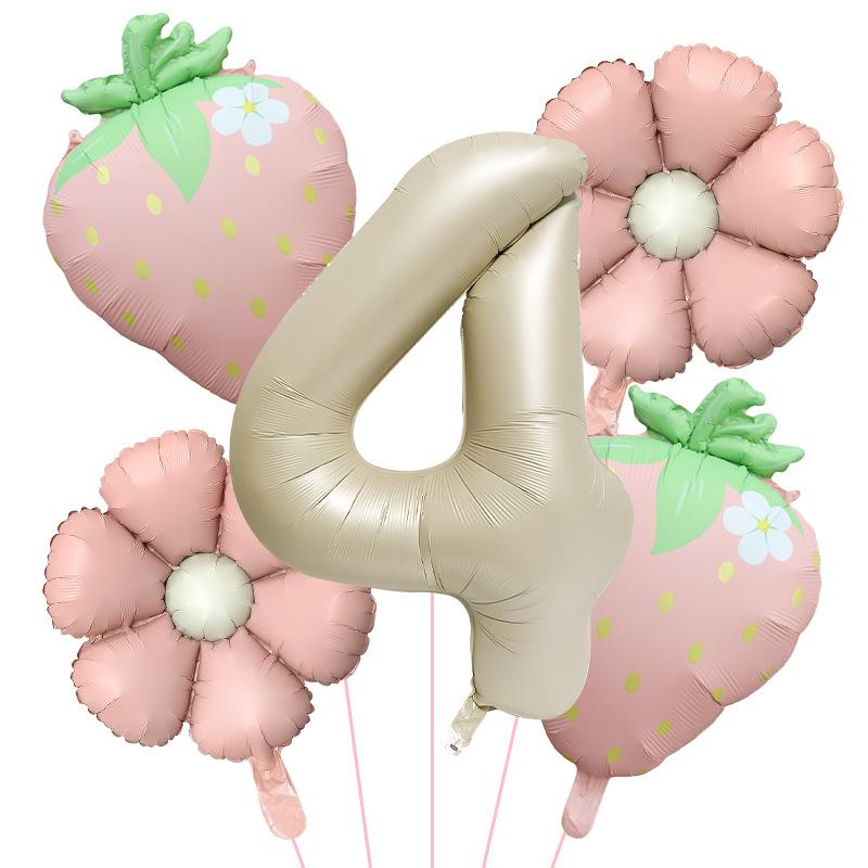 5Pcs Matte Milk White Fruit Strawberry Flower Foil Balloon with 32inch Number Balloon Berry First Birthday Summer Party Supplies