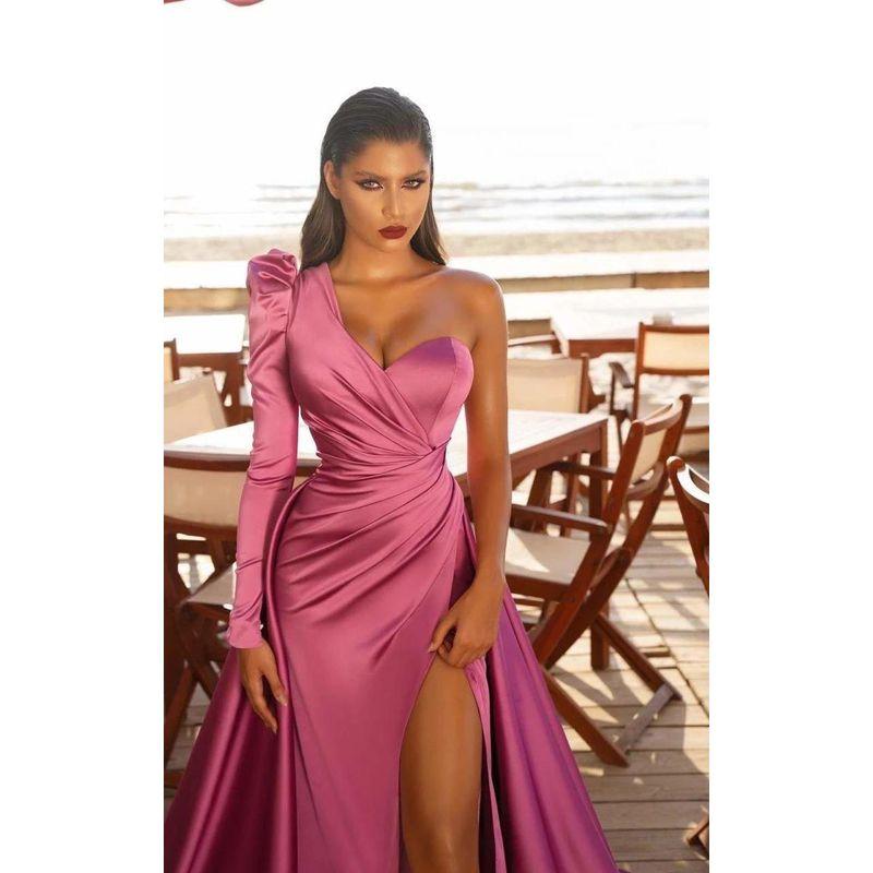 Sexy One Shoulder Evening Dress Silks and Satins Long One-Shoulder Trailing Banquet Evening Dress