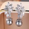 Cute Female Crystal White Zircon Flower Gray Pearl Stud Earrings Vintage Silver Color Party Wedding Jewelry For Women