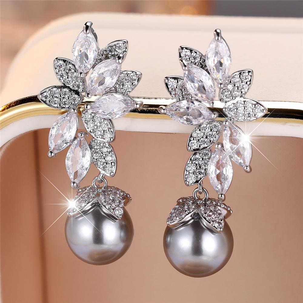 Cute Female Crystal White Zircon Flower Gray Pearl Stud Earrings Vintage Silver Color Party Wedding Jewelry For Women