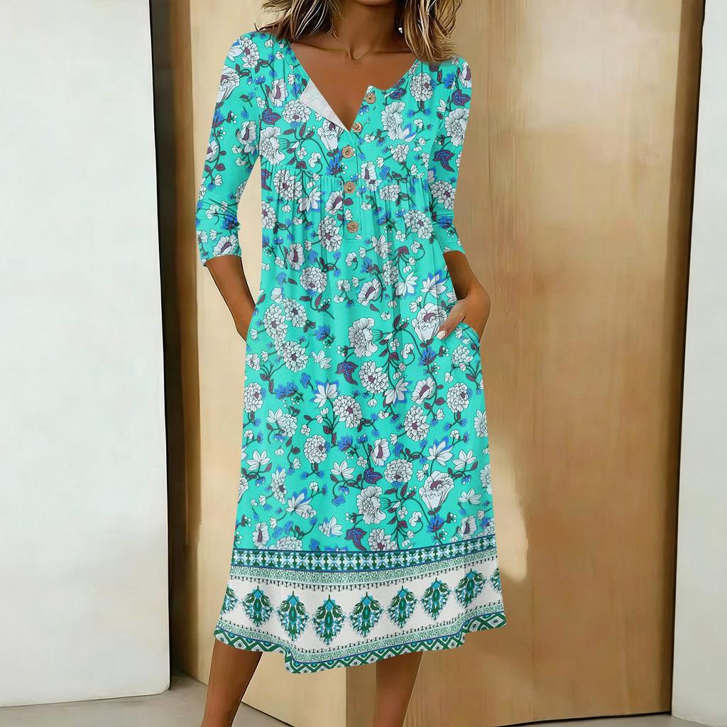 Rochie casual de damă la modă, cu imprimeu colorat, gât rotund, mânecă 3/4, guler cu nasturi, lungime medie