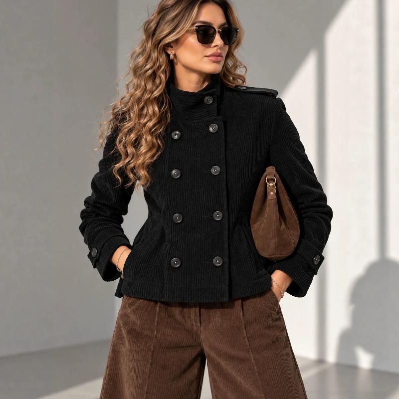 Autumn/winter new women's vintage stand-collar double-breasted corduroy slim short jacket
