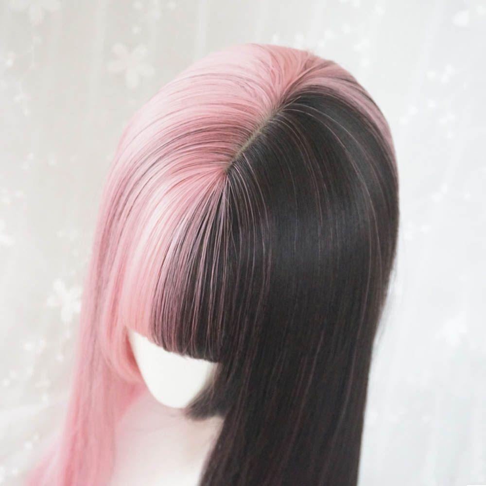 Goth Style Hair Synthetic Bangs Lolita Double Color Toupee Long Straight Hair Black&pink Wig
