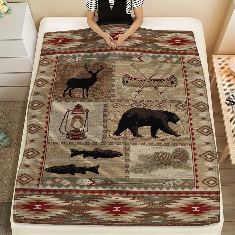 1Pc Cabin Bear Print Flannel Blanket, High Quality Comfortable for All Seasons, Home Decor, Warmth and Comfort, Perfect for Gifts