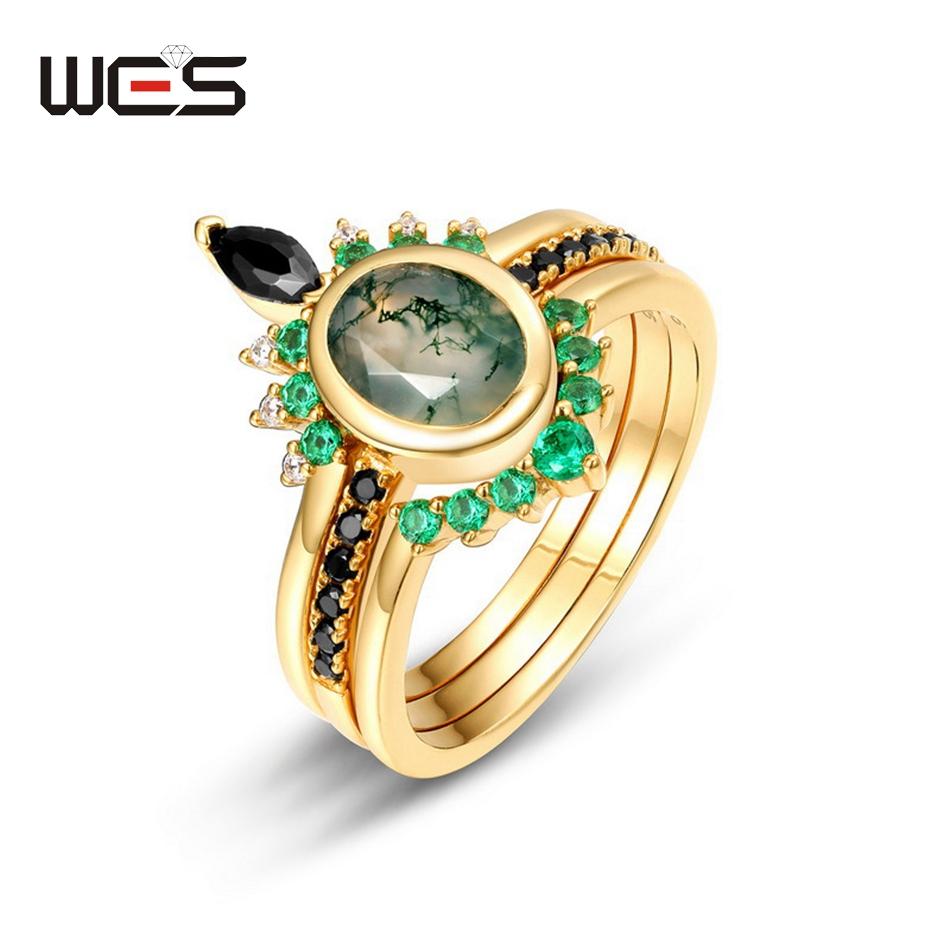 WES   CopperKite Cut Natural Moss Agate Gold Ring Sets For Woman Wedding Bridal Set Valentine Gift Jewelry