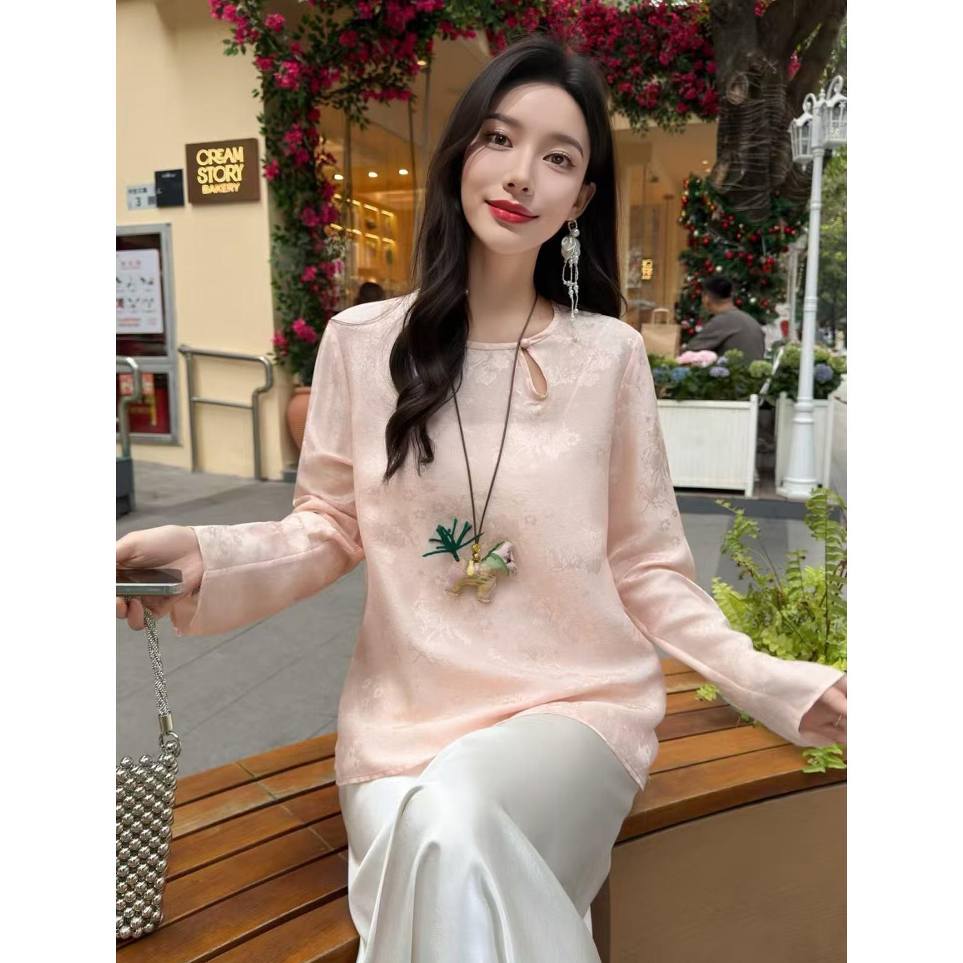 

Silk Blend Jacquard Round Neck Hollow Out Slimming Top for Women - 2026 Spring Long Sleeve XXL розовый