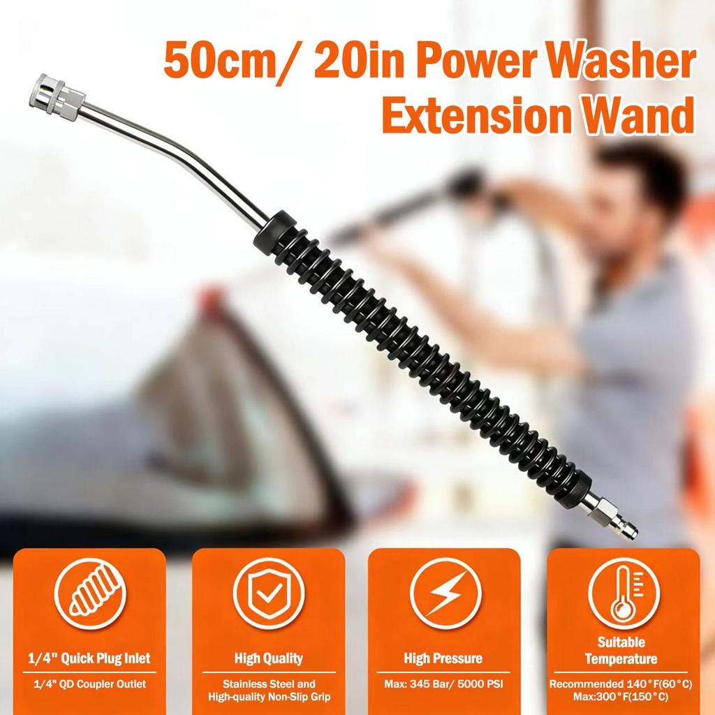 Car Pressure Washer Extension Wand, 20in Power Washer Wand Extension for Car Wash, Stainless Steel Non-Slip Grip, with 1/4” Quick Connect Plug