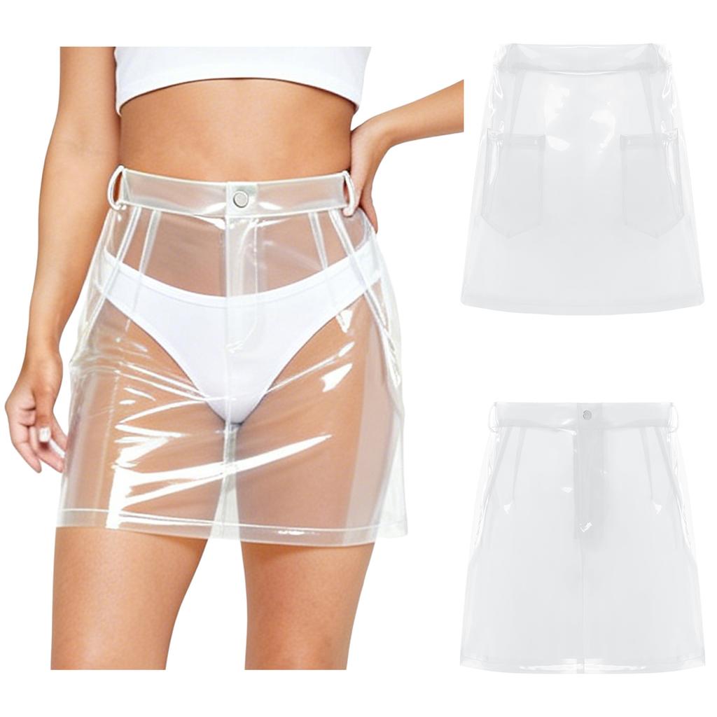 S-XXL Women Clear PVC High Waist Bodycon Mini Skirt with Side Pockets Transparent Cover Up for Swimsuit Beach Clubwear