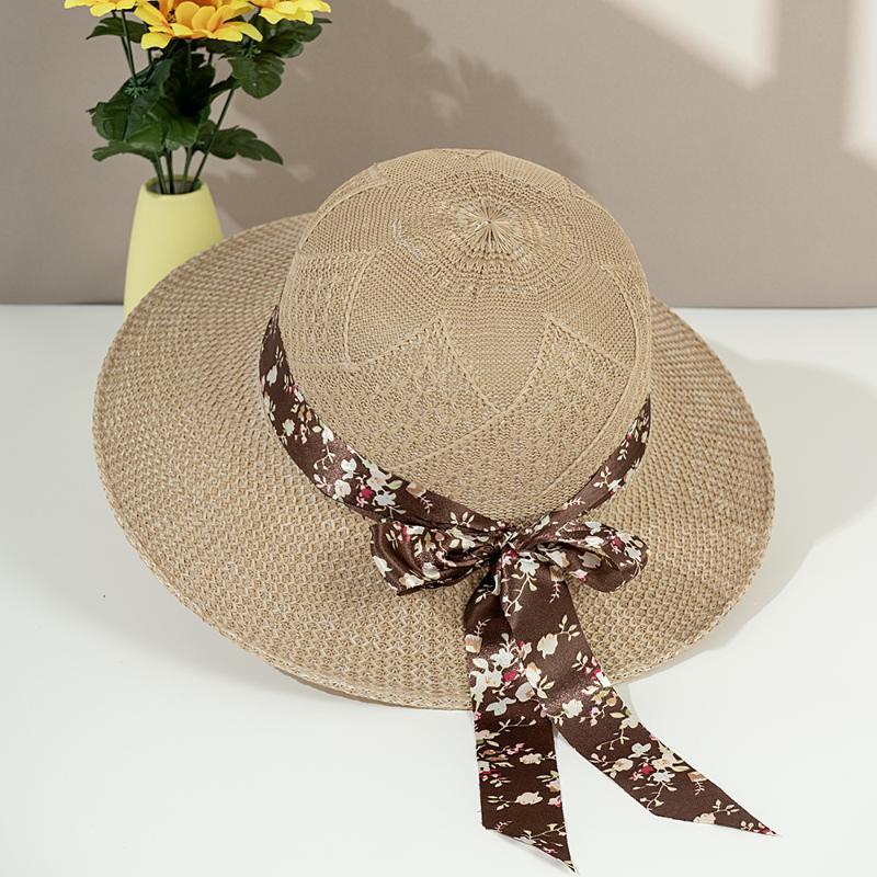 Beige Wide Brim Straw Sun Hat Foldable Polka Dot Bow Ribbon UV Protection for Summer Pool Party Travel Use