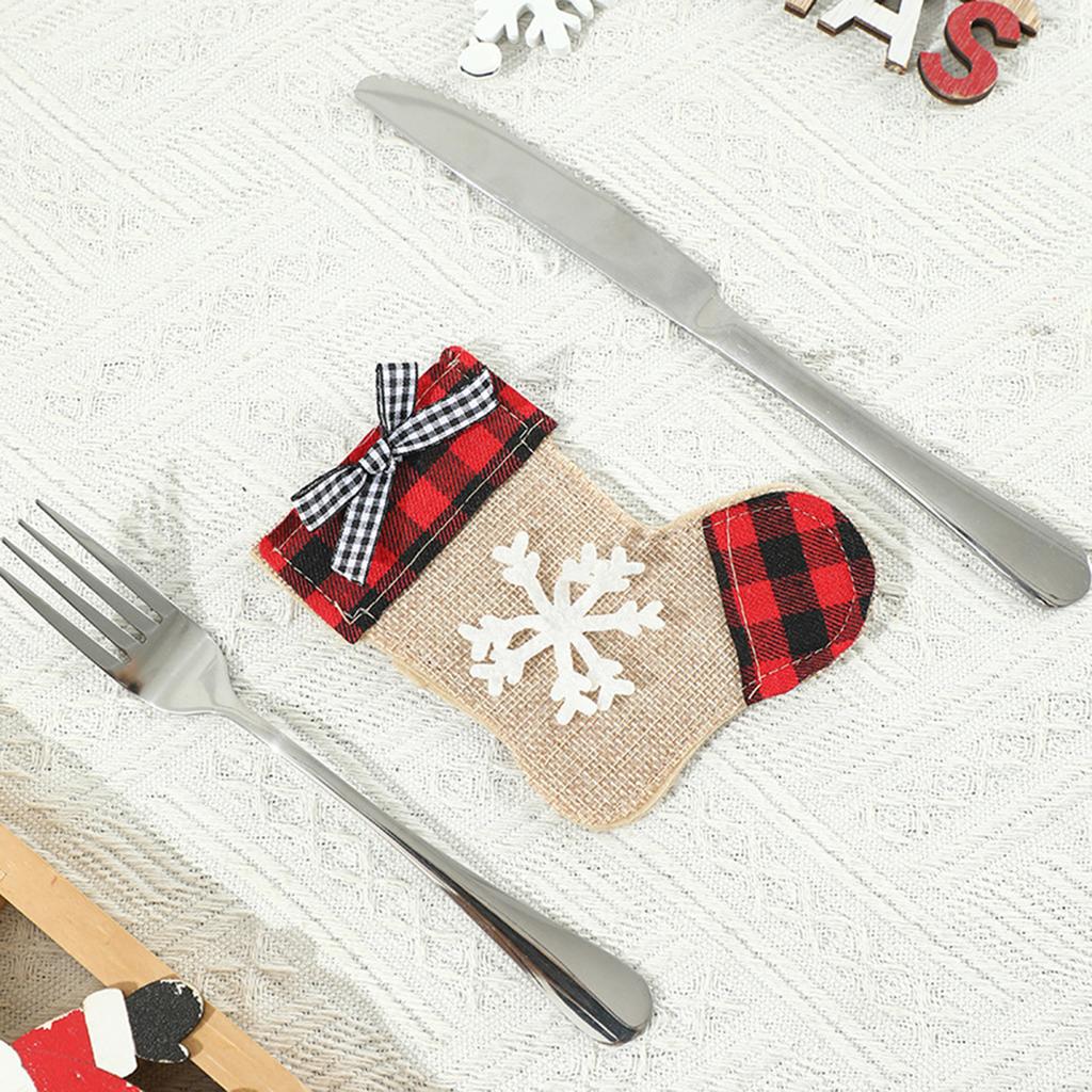 Christmas Plaid Fabric Fork and Knife Sleeves with Embroidery Holiday Table Decorations for Party Dining
