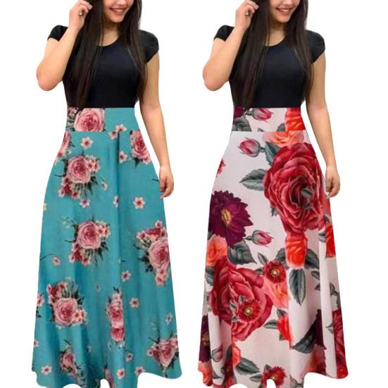Women Short Sleeve Floral Printed Patchwork Prom Cocktail Large Swing Maxi Dress
