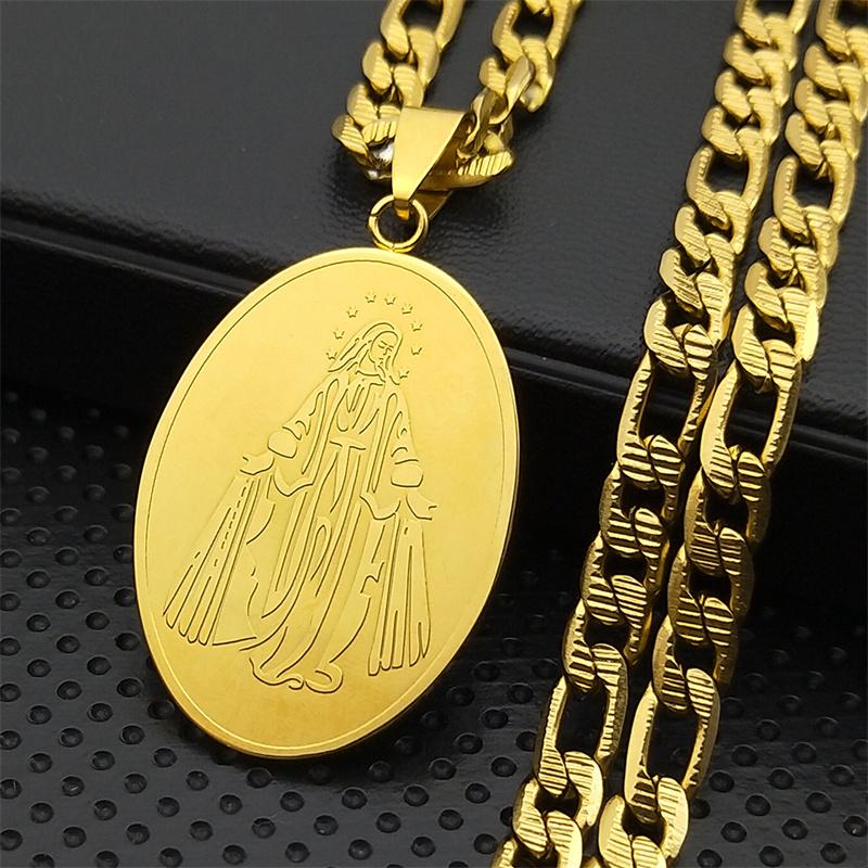 Stainless Steel Virgin Mary Oval Medal Statement Necklace for Women Men Gold Color Geometry Punk Chain Necklaces Jewelry2206