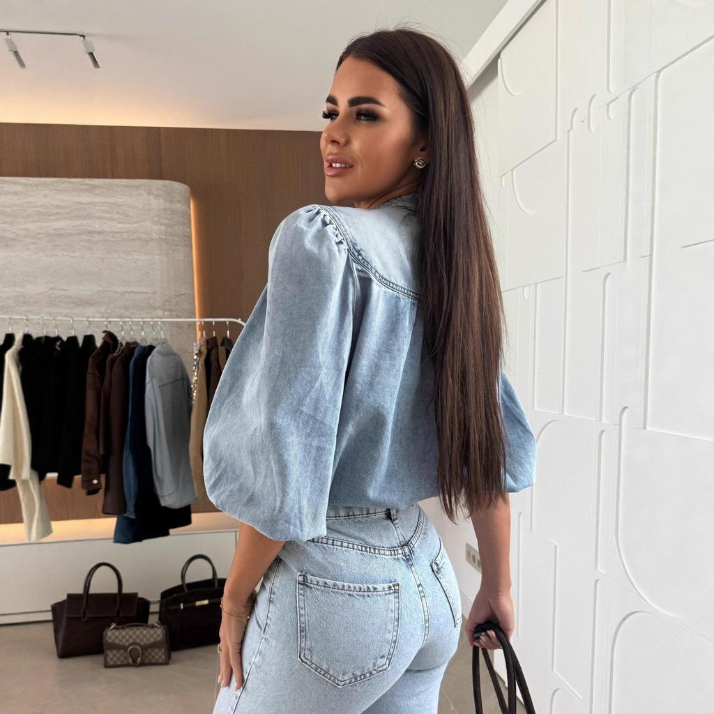 Damen Übergang Herbst/Frühling Retro V-Ausschnitt Denim-Hemd mit Laternenärmeln