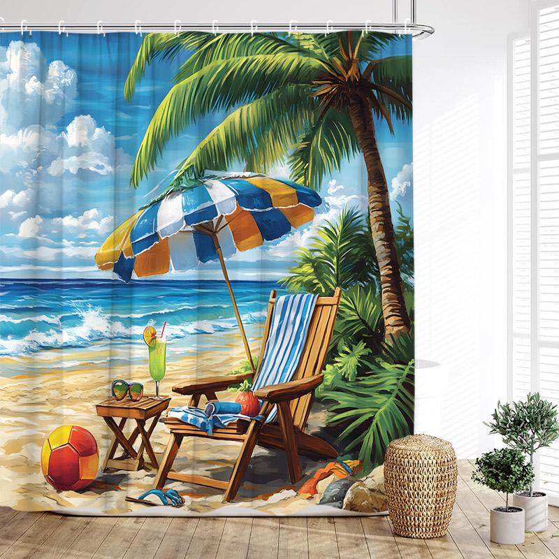

Tropical Beach Palm Tree Shower Curtains Watercolour Floral Sunset Island Ocean Scenery Fabric Bathroom Curtain Decor With Hooks 90x180cm-35x70in