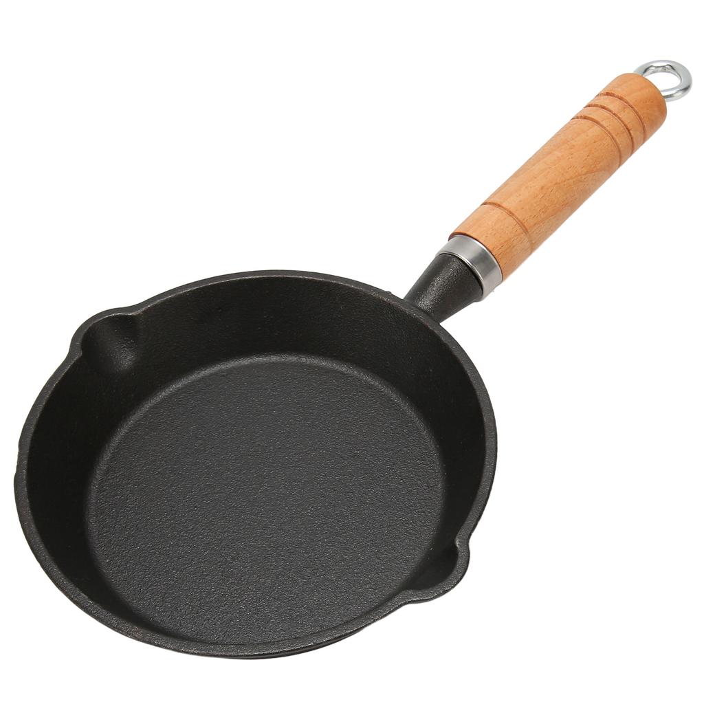 Frying Pan Cast Iron Skillet Drip Spouts Wooden Handle Stain Resistant Quick Heat Easy To Clean Cook Pan
