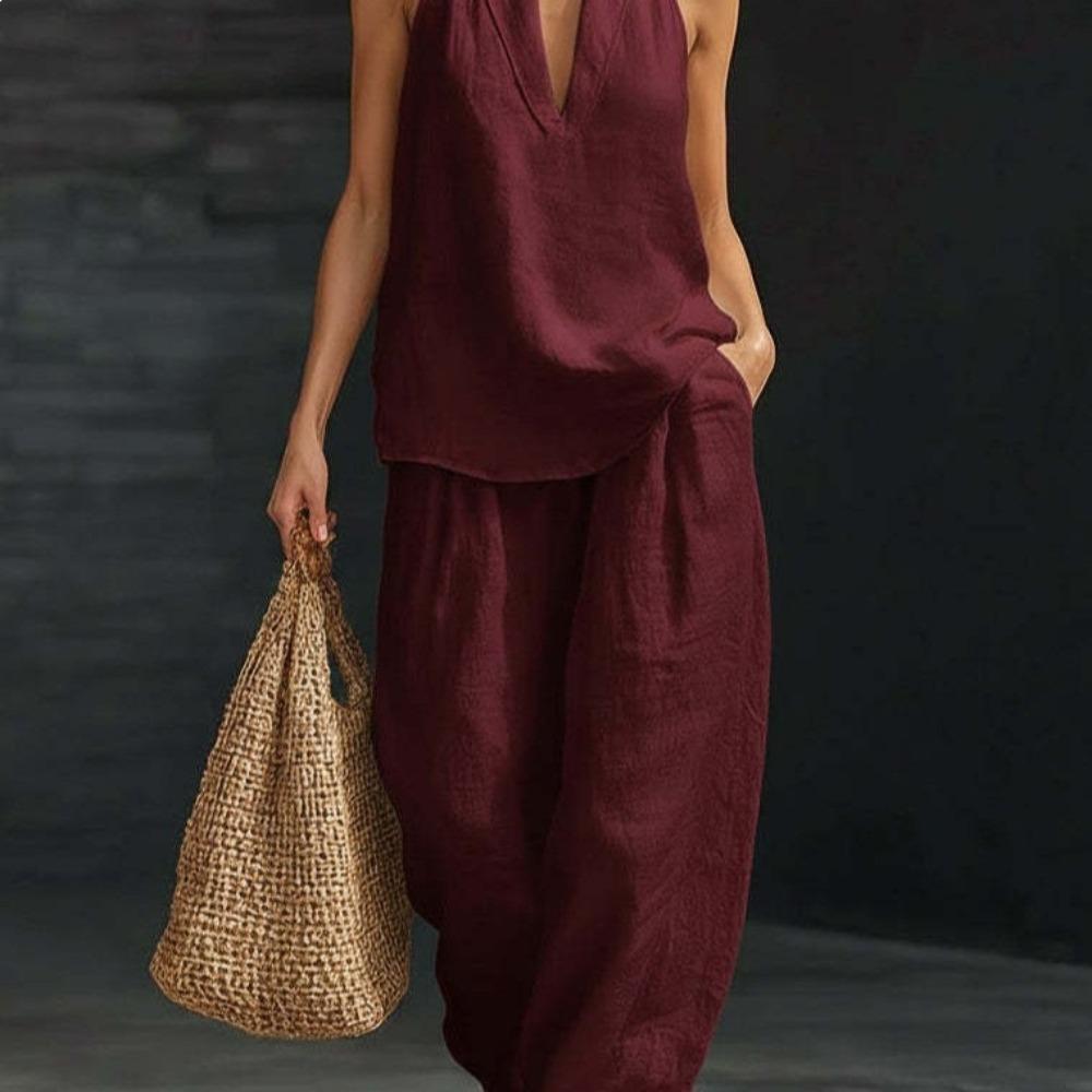 Women's Halter V Neck Sleeveless Loose Fit Solid Two Piece Outfit Tank Top Wide Leg Long Pants Casual Vacation Tracksuit