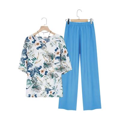 Dámské soupravy plus size ležérní volné potištěné tričko s krátkým rukávem a kulatým výstřihem jednobarevné kalhoty