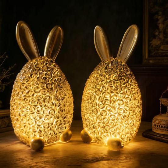 Rose Rabbit Figurine Resin Light-up Rabbit Ornament Easter Bunny Egg Figurine with LED Light for Home Party Decoration Holiday Gift