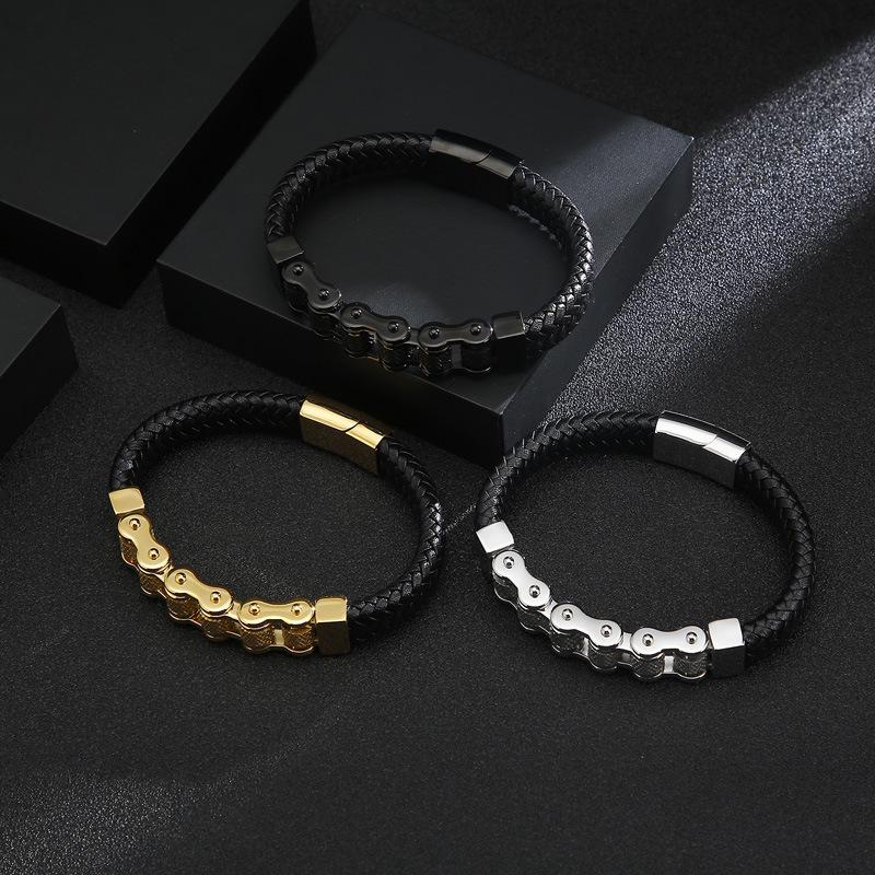 European-American Punk Bicycle Chain Titanium Steel Bracelet with Woven Cowhide In Stainless Steel Motorcycle Design.