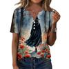 Women's Casual Halloween Printed V-Neck Short Sleeve Button Front T-Shirt Top