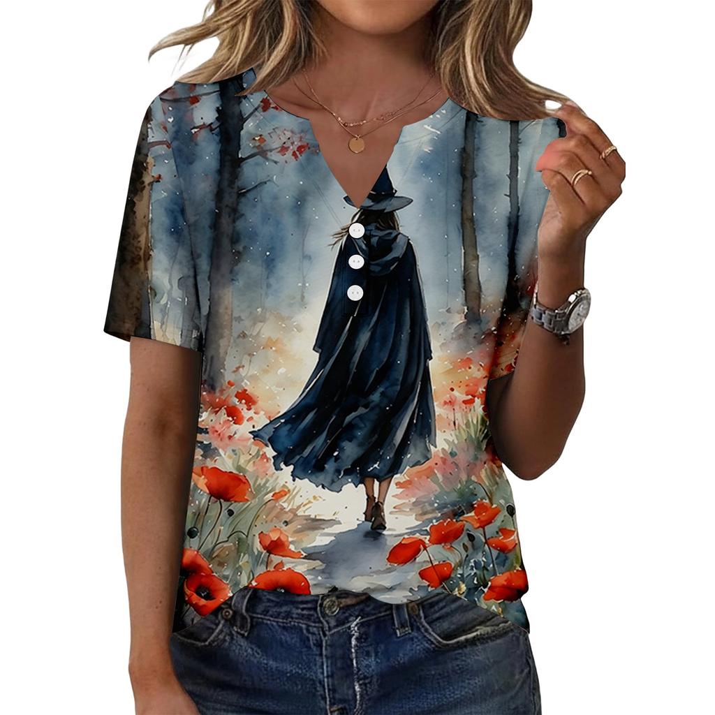 Women's Casual Halloween Printed V-Neck Short Sleeve Button Front T-Shirt Top
