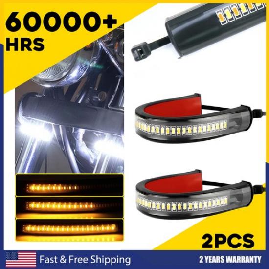 2X Motorcycle Amber Flowing LED For Fork Turn Signal Light Strip White+Amber USA