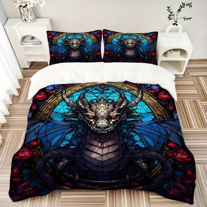 3pcs Dragon Stained Glass Duvet Cover Set - Includes 1 Duvet Cover and 2 Pillowcases, No Quilt Core, All-Season Home Decor yy251111011