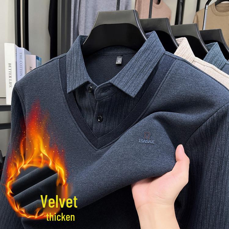 2025 Winter Men's Faux Two-Piece Sweater: New Thick Knit with Shirt Collar and Warm Velvet Layer