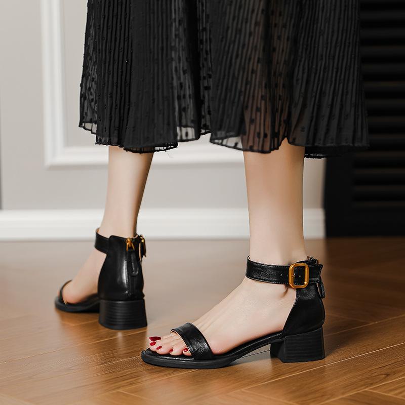 Vintage Word with Open-toed Sandals Women 2025 Summer Soft Leather High-heeled Thick-soled Versatile Bag Heel Roman Shoes Women