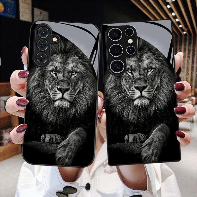 Lion Head Print Pattern Glass Phone Case Suitable for Samsung Galaxy S26 S25 S24 S23 S22 S21 S20 FE/Ultra/Plus Anti Drop